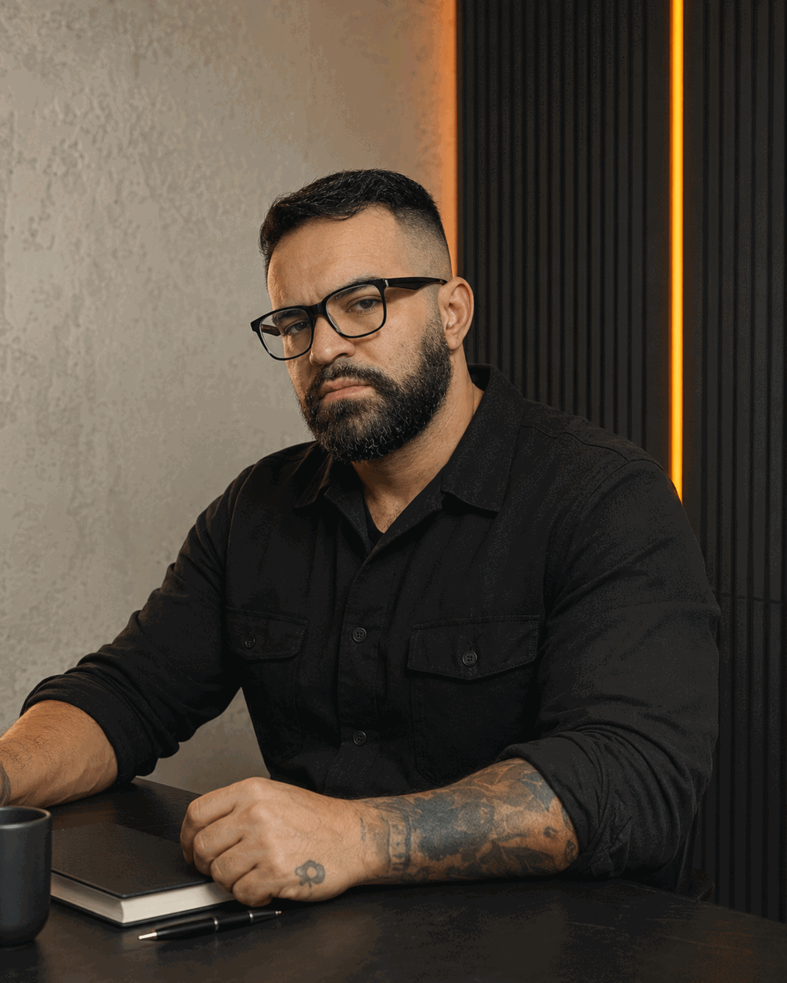 Andrei Lopes sentado à mesa de trabalho com caderno e caneta